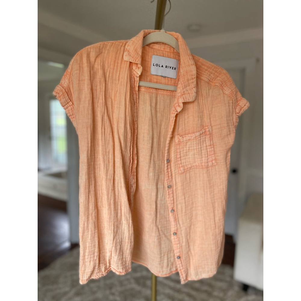 Lola River Gauze Peach Shirt Cotton Button Up Collared Beach Resort Coastal Boho - Picture 3 of 7